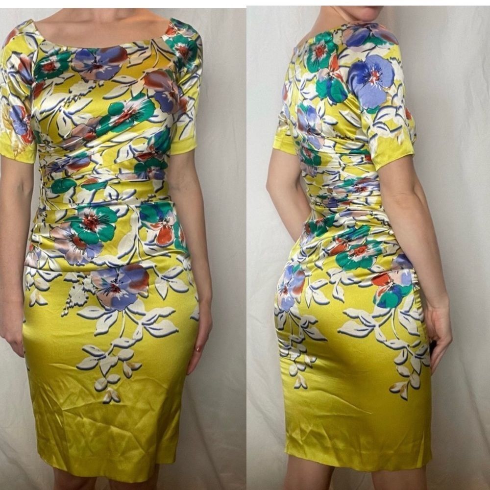 ETRO Italy Neon Yellow/Green Floral Silk Short Sleeves Ruched Mini Dress XS